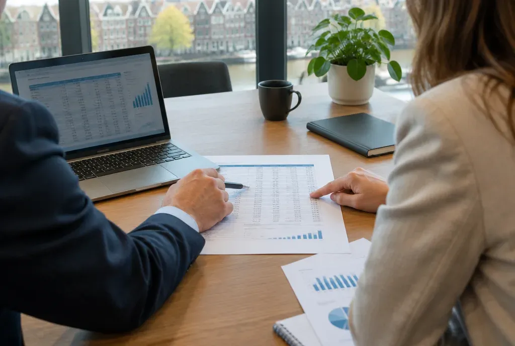 Twee adviseurs bespreken een balans en cijfers aan een vergadertafel